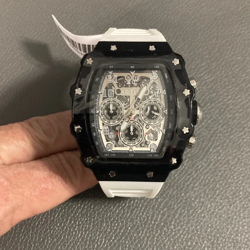 Activa Watch w/ Skeleton Dial 44.3mm, White strap black face (ACW2305-018)
